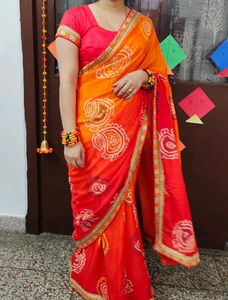 Vibrant Orange & Red Bandhani Saree