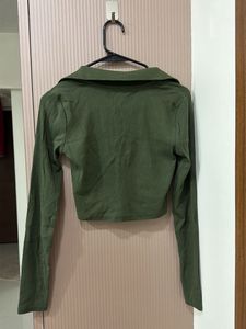 Olive Green Collared Crop Top