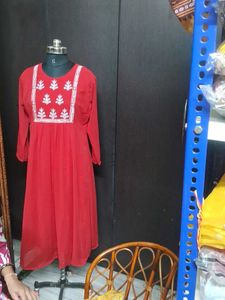 Red Kurta with White Embroidery
