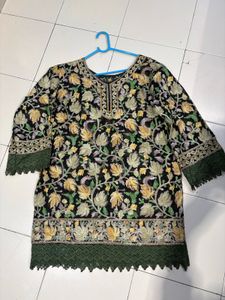 Embroidered Black Kurta with Green Lace