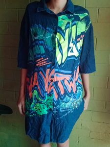 Vintage Graffiti Denim Shirt Dress