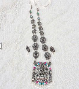 Exquisite Oxidized Silver Lakshmi Necklace Set