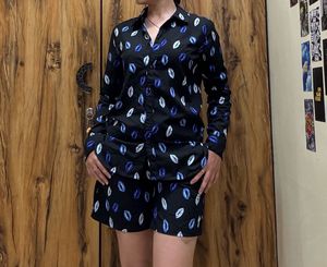 Black Button-Up Shirt with Blue Kiss Print shorts