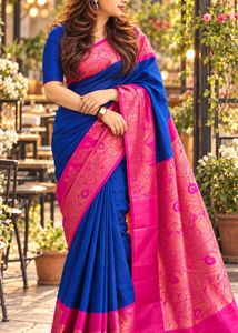 Vibrant Blue and Pink Silk Saree