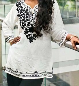 White Embroidered Cotton short kurti