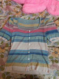 Striped Button-Up Knit Top
