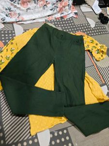 Yellow Kurta  green pants Set with Printed Sleeves