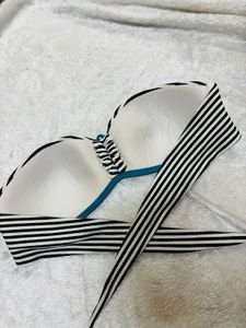 Black and White Striped Bikini Top
