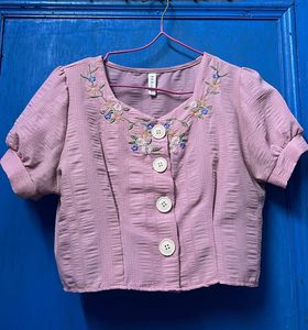 Embroidered Pink Puff Sleeve Top