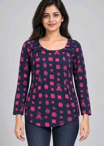 Navy Blue & Pink Graphic Print Top