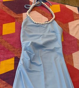 Light Blue Pearl Strap Midi Dress