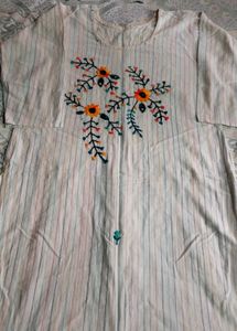 Striped Kurta with Floral Embroidery