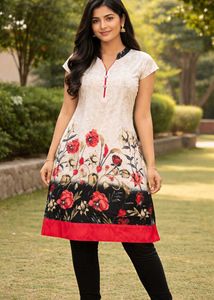 Floral Print Kurta with Red Border