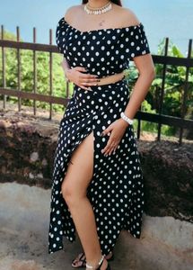 Polka Dot Off-Shoulder Crop Top with slit skirt