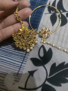 Elegant Gold Maang Tikka & Nath Set