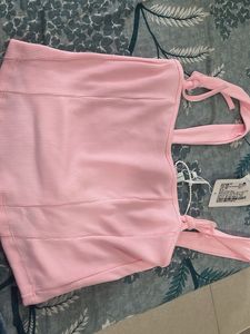 Pink Ribbed Corset Top with Tie Straps