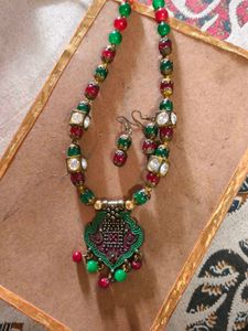 Green & Red Beaded Necklace with Earrings