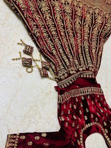 Maroon Velvet Lehenga-2 Dupattas