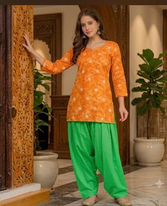 Orange Bandhani Kurta with Green patiyala