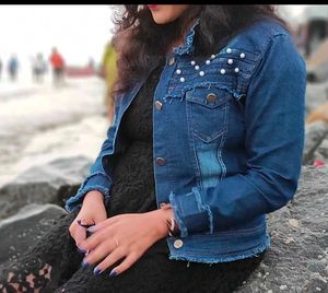Stylish Denim Jacket with Pearl Embellishments