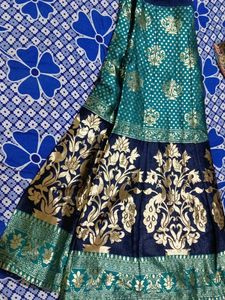 Elegant Teal &amp; Navy Peacock Brocade Lehenga