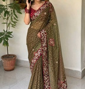 Embroidered net saree