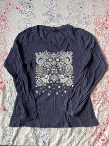 Navy Blue Graphic Print Long Sleeve Top