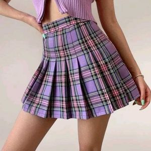 Purple Plaid Pleated Mini Skirt