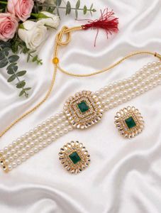 Elegant Pearl &amp; Emerald Choker Set