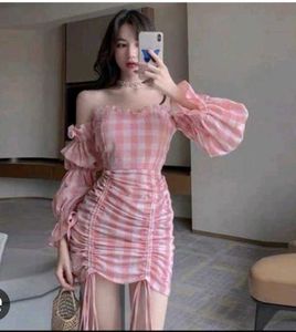 Newme asia Pink Gingham Off-Shoulder Ruched Dress