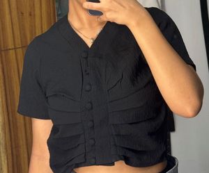 Black Textured Button-Up Top