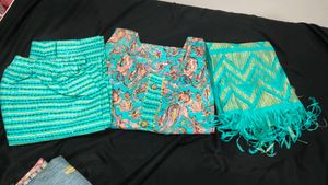 Teal Paisley Print Kurta Set with Scarf