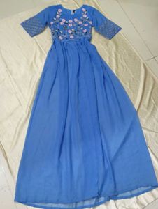 Blue Floral Embroidered Ethnic Gown with Bottom