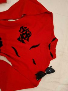 Vintage Red Floral Mock Neck Sweater