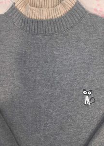 Cute Cat Embroidered Gray Sweater