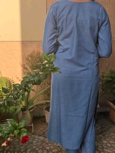 Blue Kurta Set with Embellished Neckline