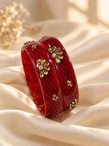 Pack of 2 Elegant Red Bangles with Gold Accents