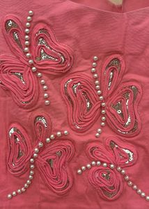 Coral Sleeveless Dress, Gold Pearl Embroidery