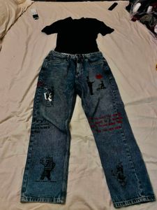 Womens Blue Jeans and green fitted top