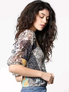 Chic Smocked Patchwork Print Square Neck Top
