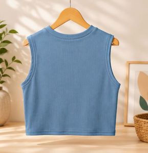 Blue Ribbed Sleeveless Cropped Tank Top