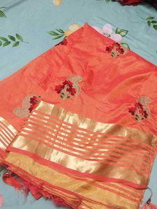 Orange Saree with Gold Border🧡🔥