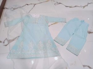 Girls' Light Blue Embroidered Salwar Kameez