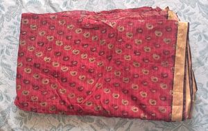 🍁Cotton Silk Printed Red Saree with Zari Border