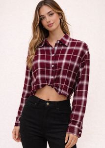 Maroon Plaid Cropped Button-Up Shirt