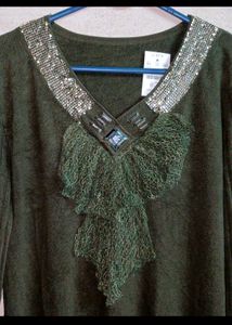 Embellished Olive Green Top free size upto 40 bust