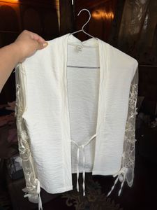 WHITE KIMONO-STYLE TOP with EMBROIDERED SLEEVE