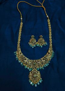 Royal Peacock Designer Necklace Set with Aqua Bead