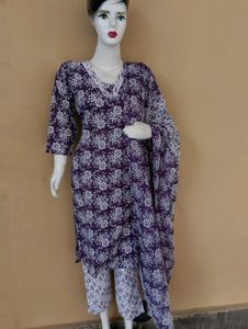 Purple Floral Print Kurta Set with Dupatta