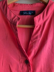 Vibrant Coral Mandarin Collar Shirt